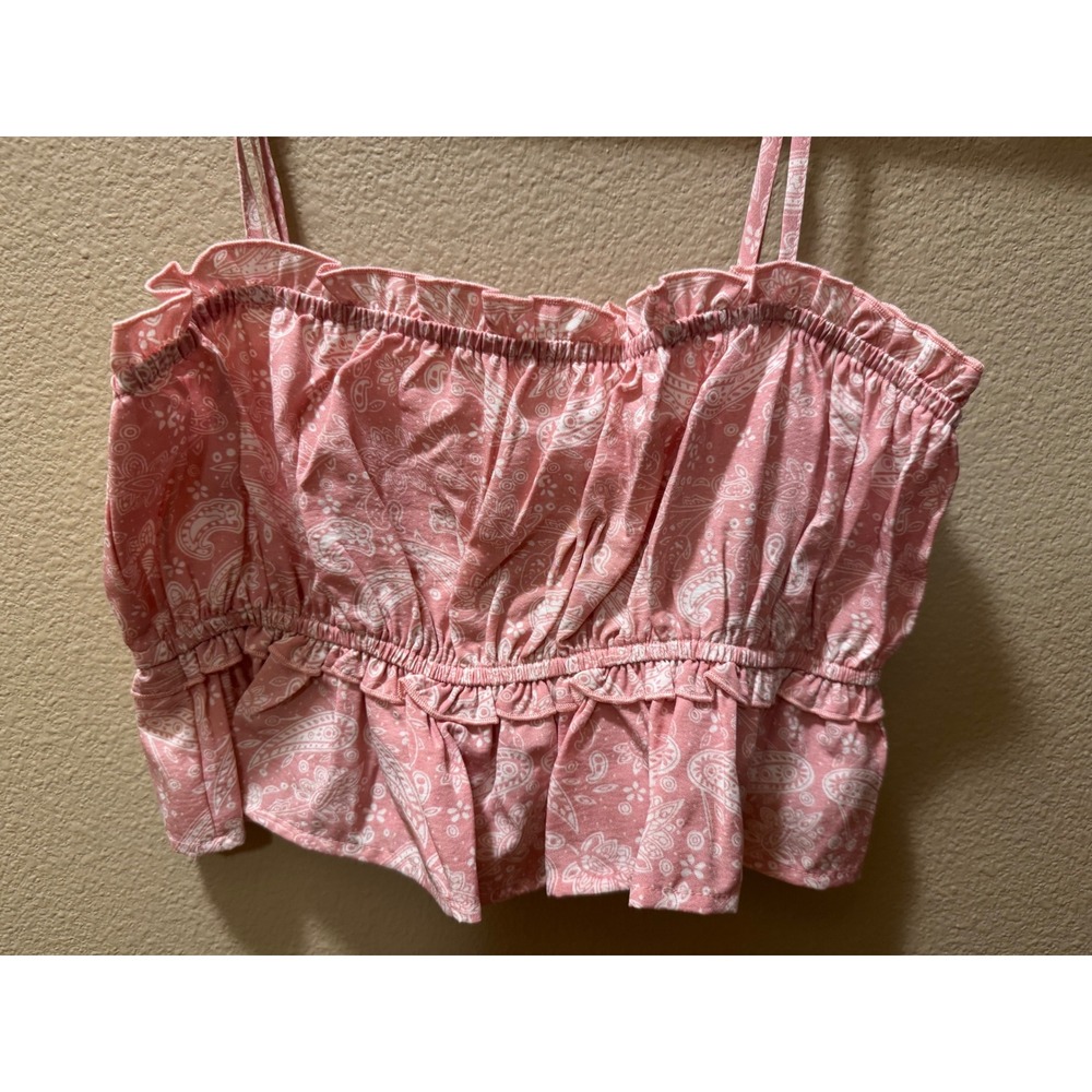 Lilou Pink Paisley Smocked Crop Top Ruffle Cami Adjustable Straps Small - Picture 2 of 5